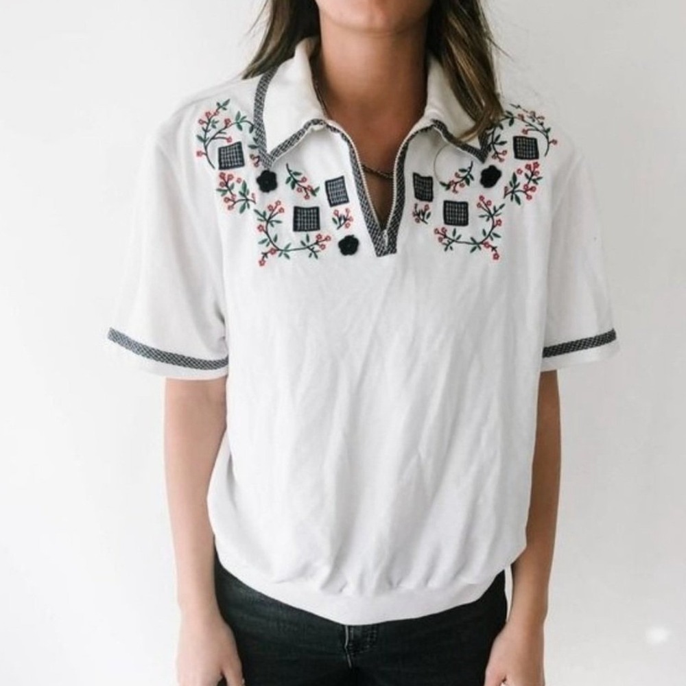 VTG Alfred Dunner Vintage Floral Embroidered Quarter Zip Polo Top White XL